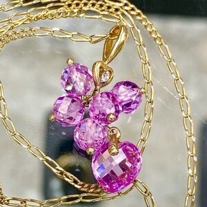 10k Gold Genuine Diamond & Pink Sapphire Briolette Drop Pendant Necklace + Chain